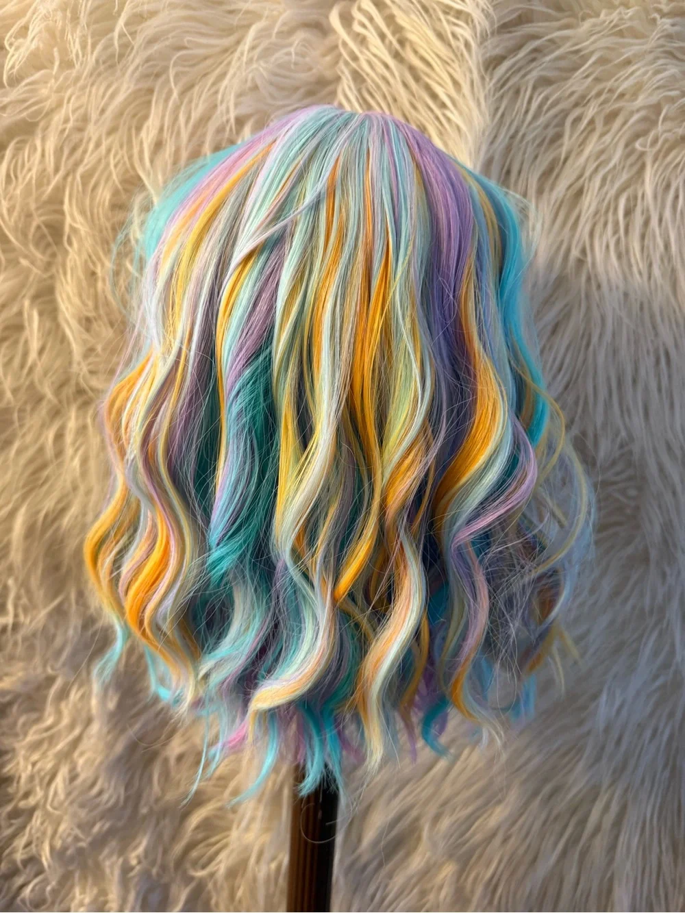 Pastel Rainbow Short Wavy Wig with Bangs - Multicolor